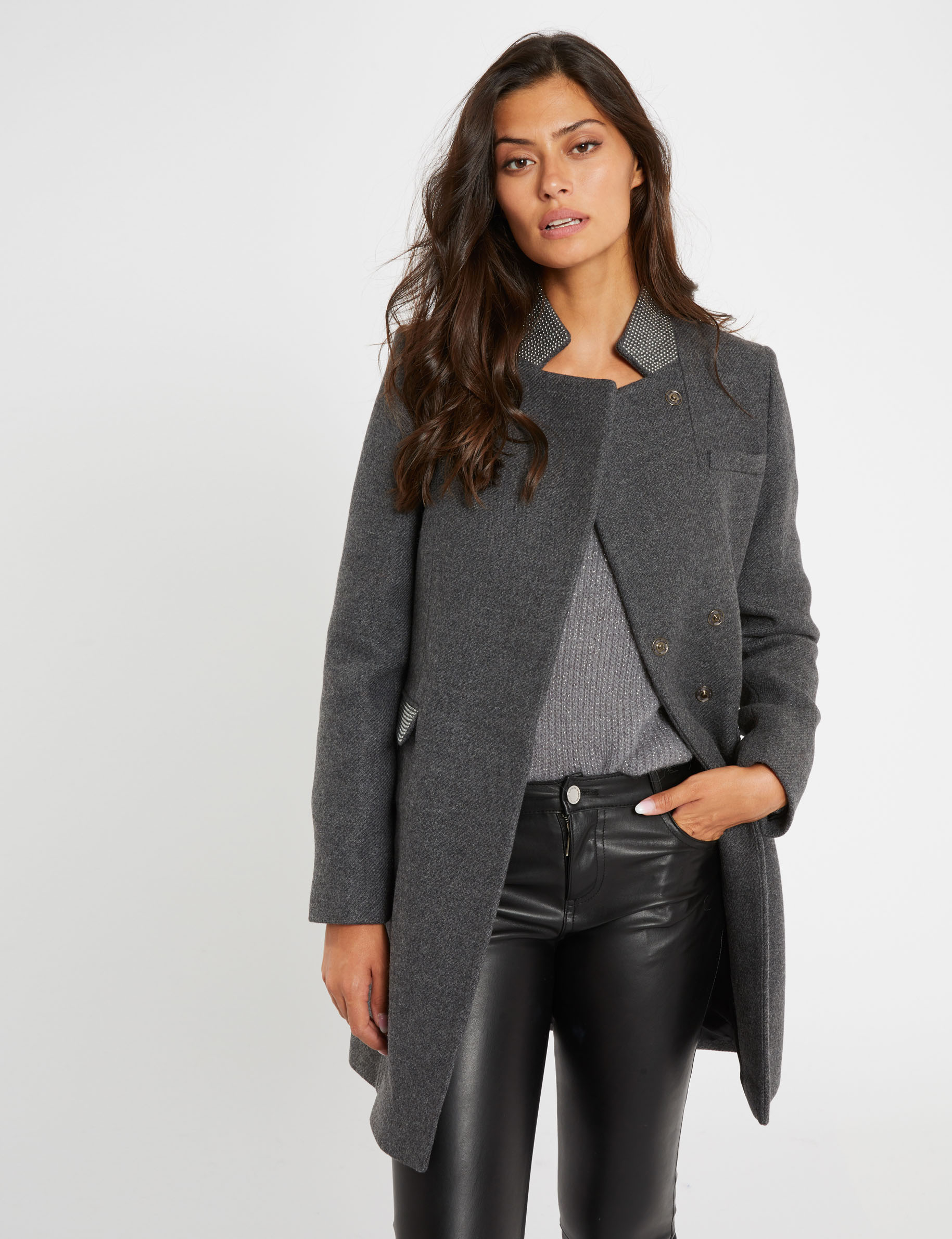 Manteau Droit Avec D Tails Strass Gris Anthracite Femme Morgan