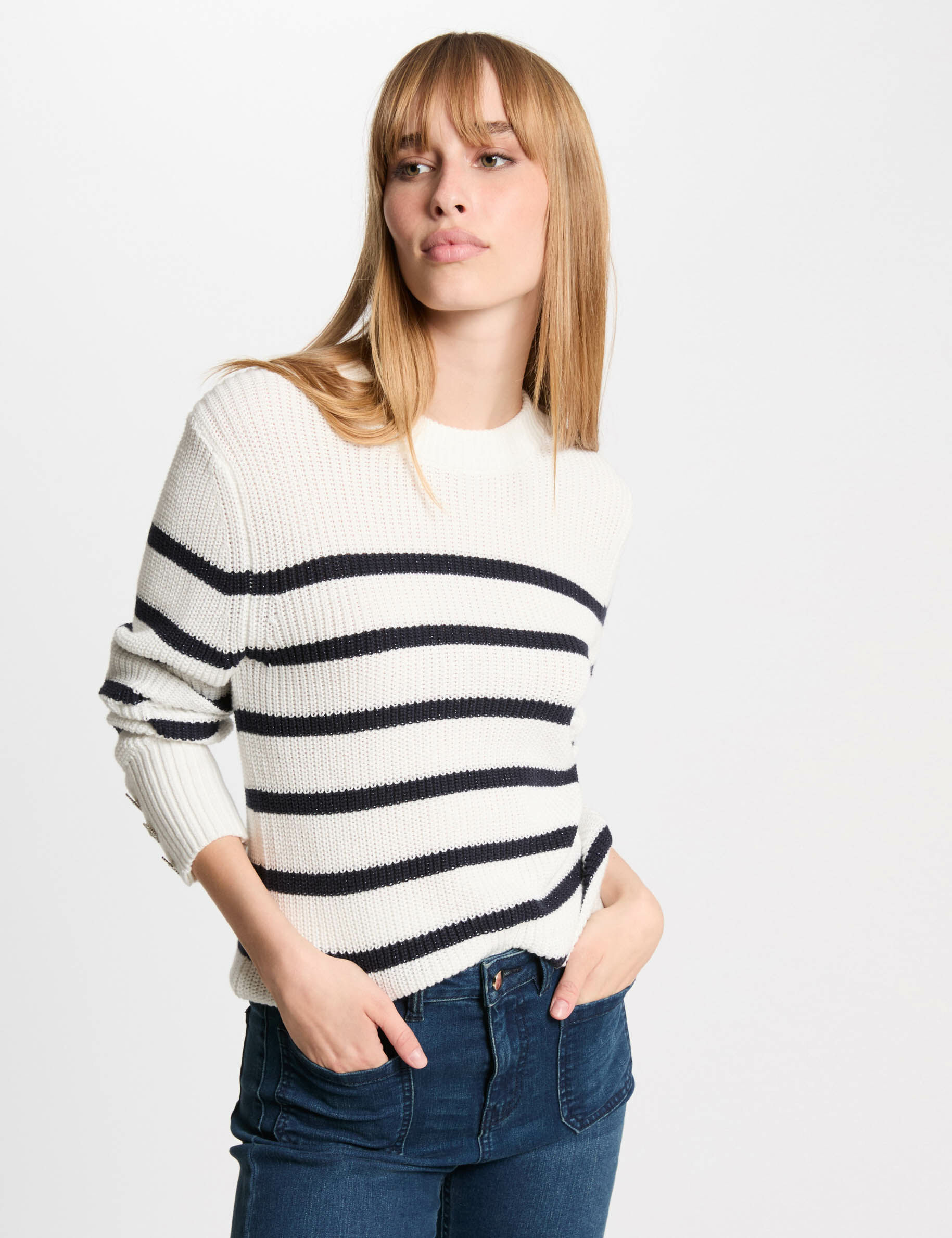 Pull col rond et rayures blanc femme