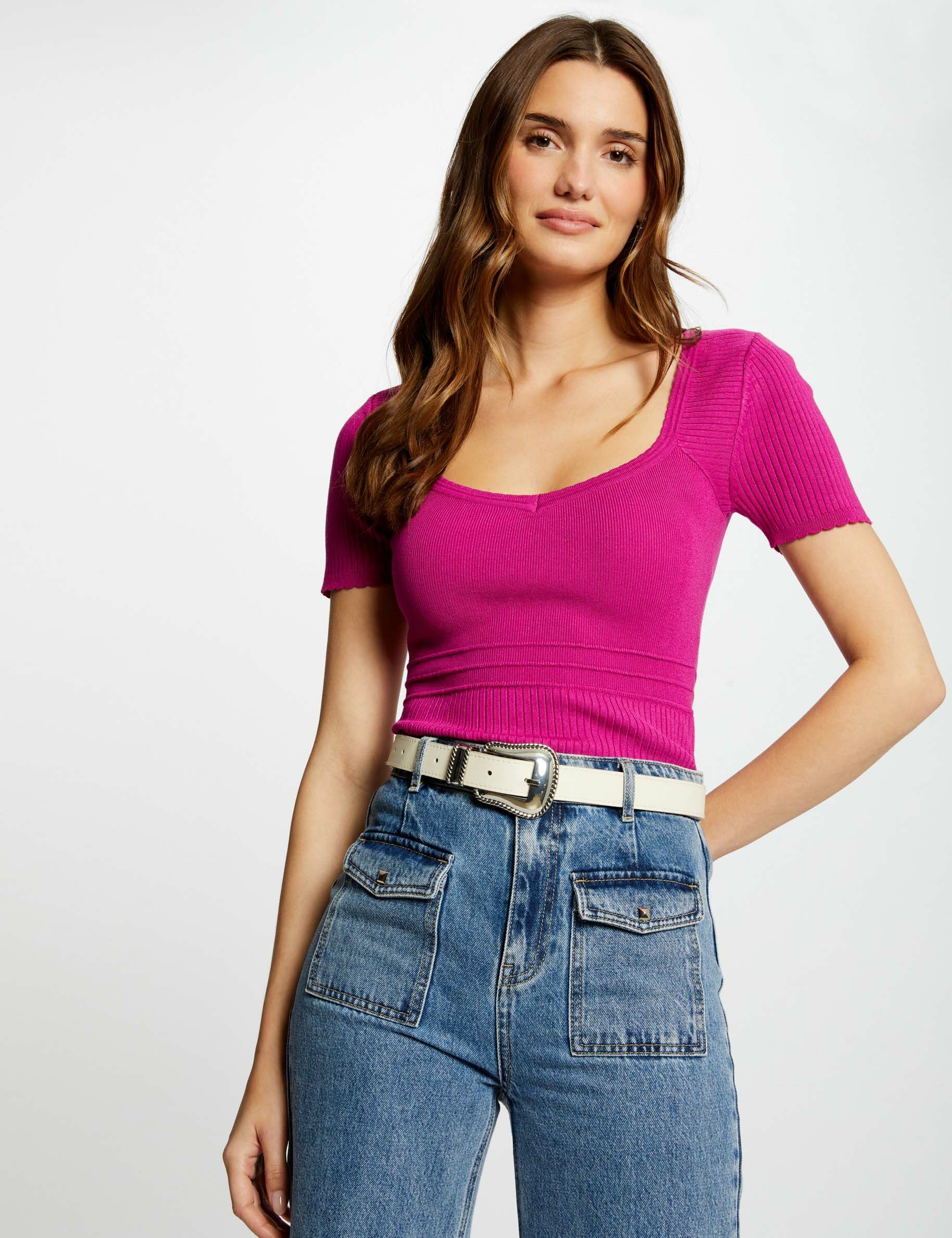 Pull col en V côtelé rose fonce femme