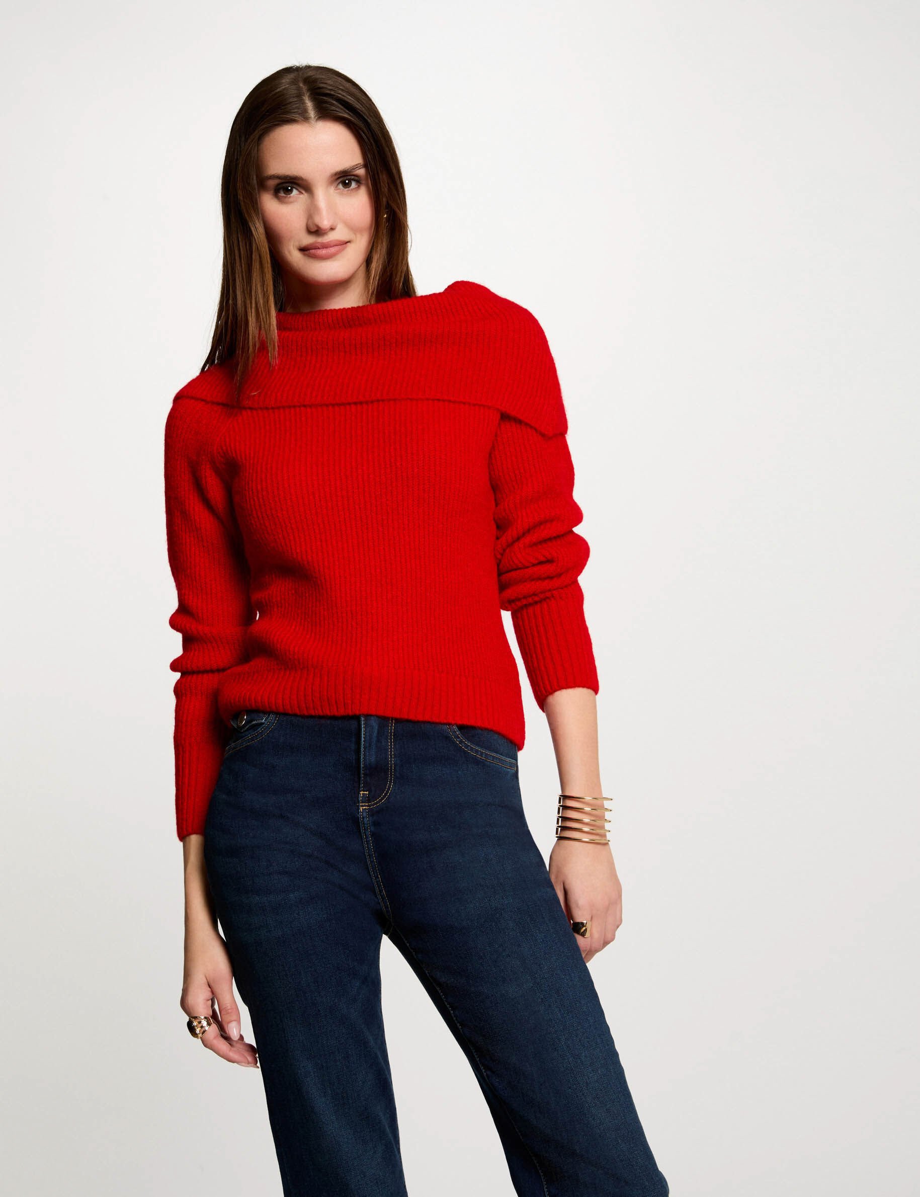 Pull col bénitier côtelé rouge femme