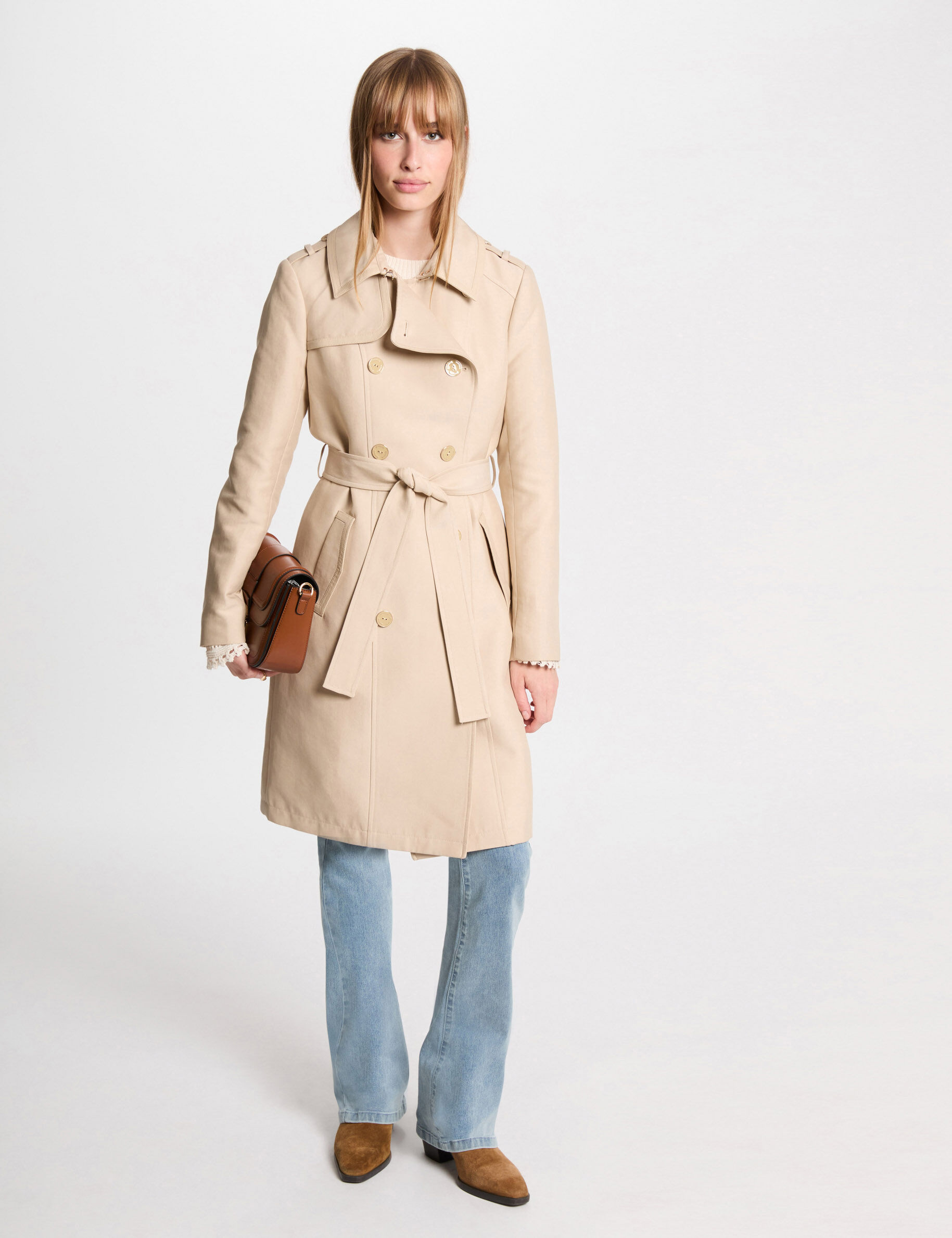 Trench long ceinturé sable femme