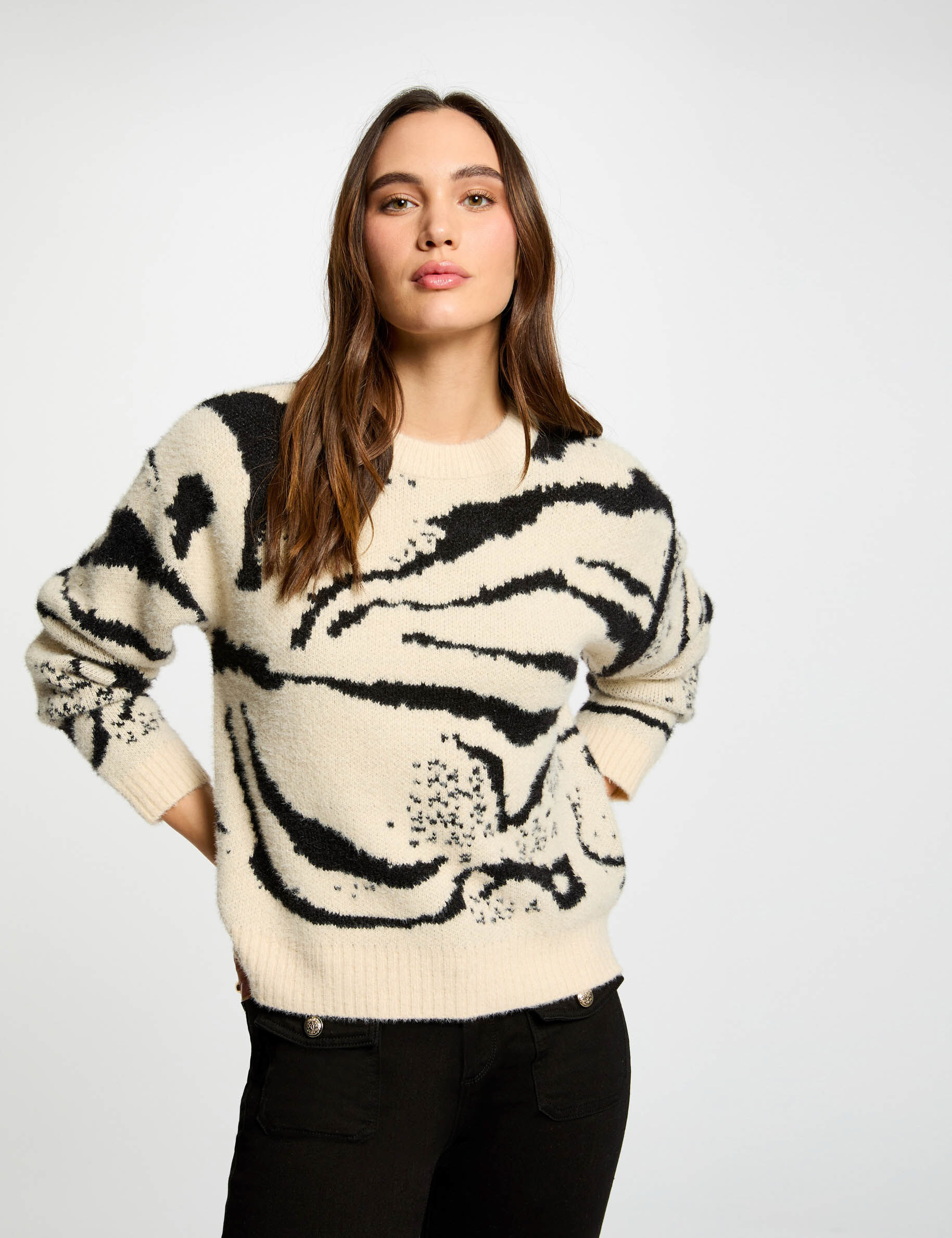 Pull col rond imprimé beige femme