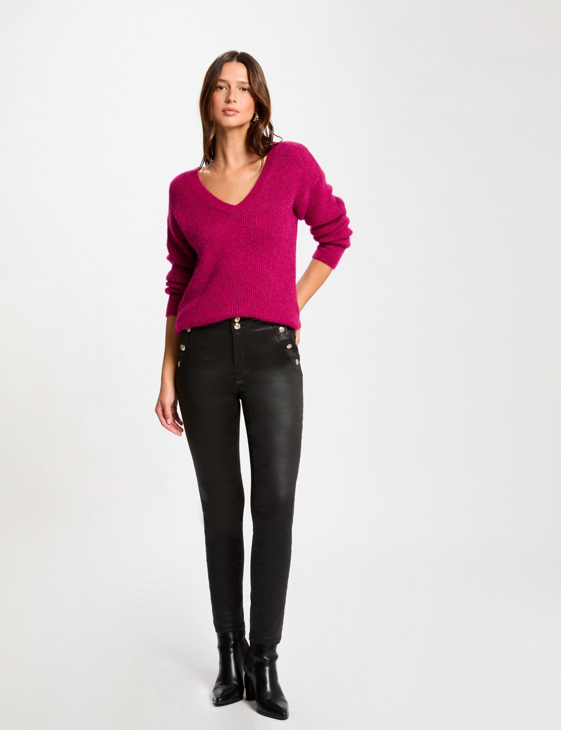 Pantalon ajusté enduit noir femme