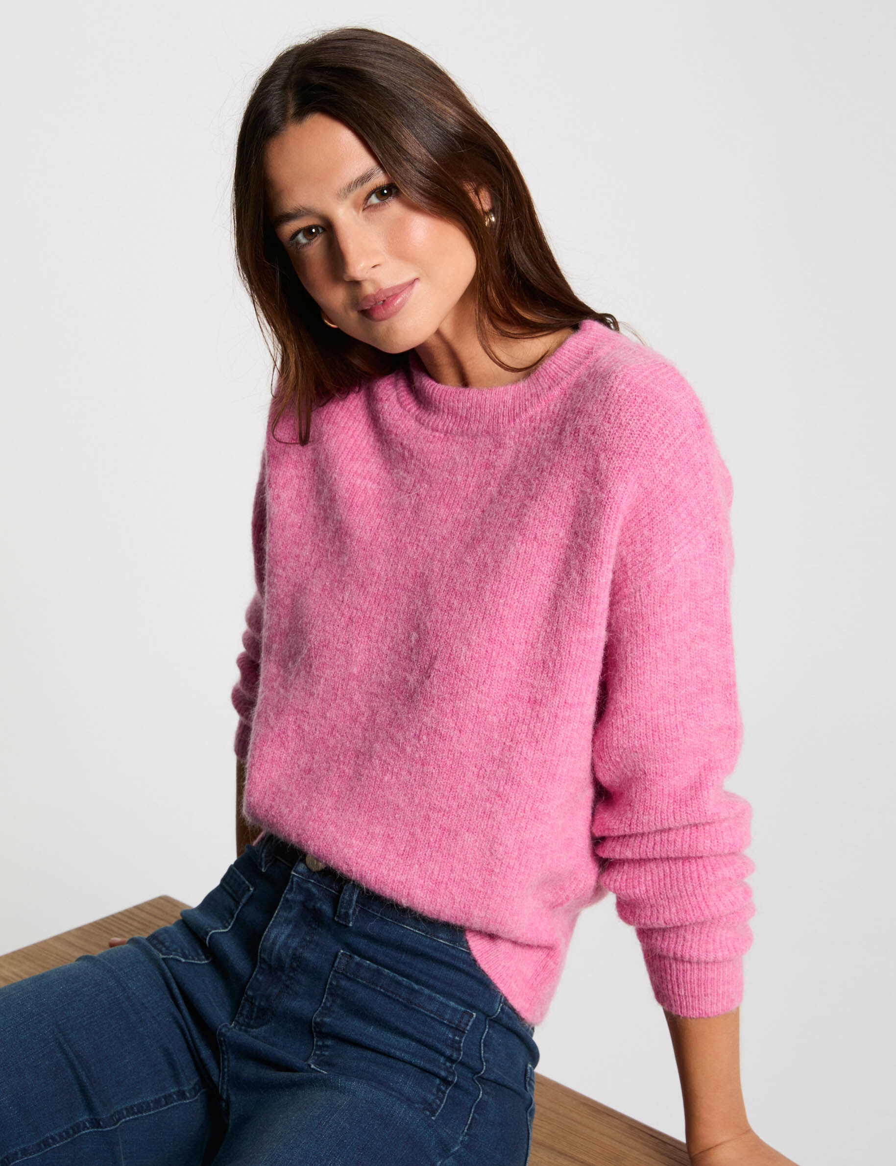 Pull col rond manches longues rose femme