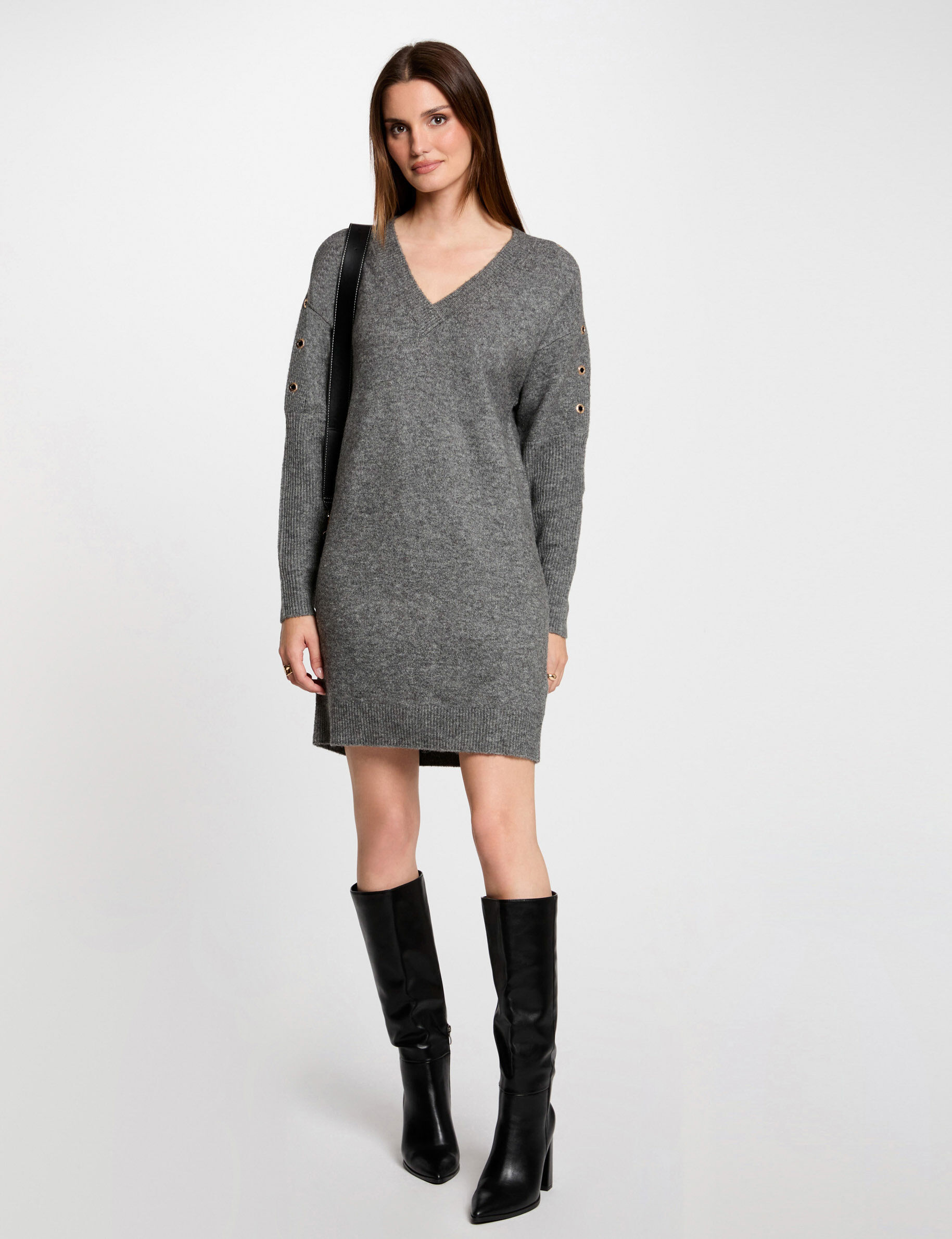 Robe tricot droite à oeillets gris anthracite femme