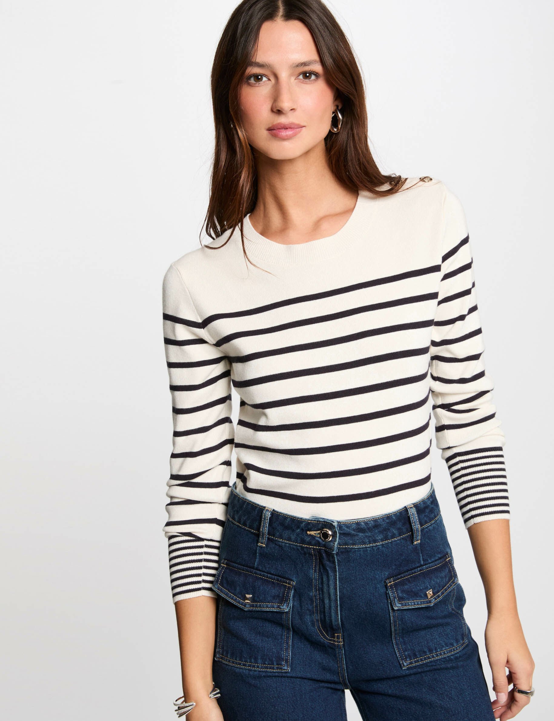 Pull manches longues à rayures ecru femme