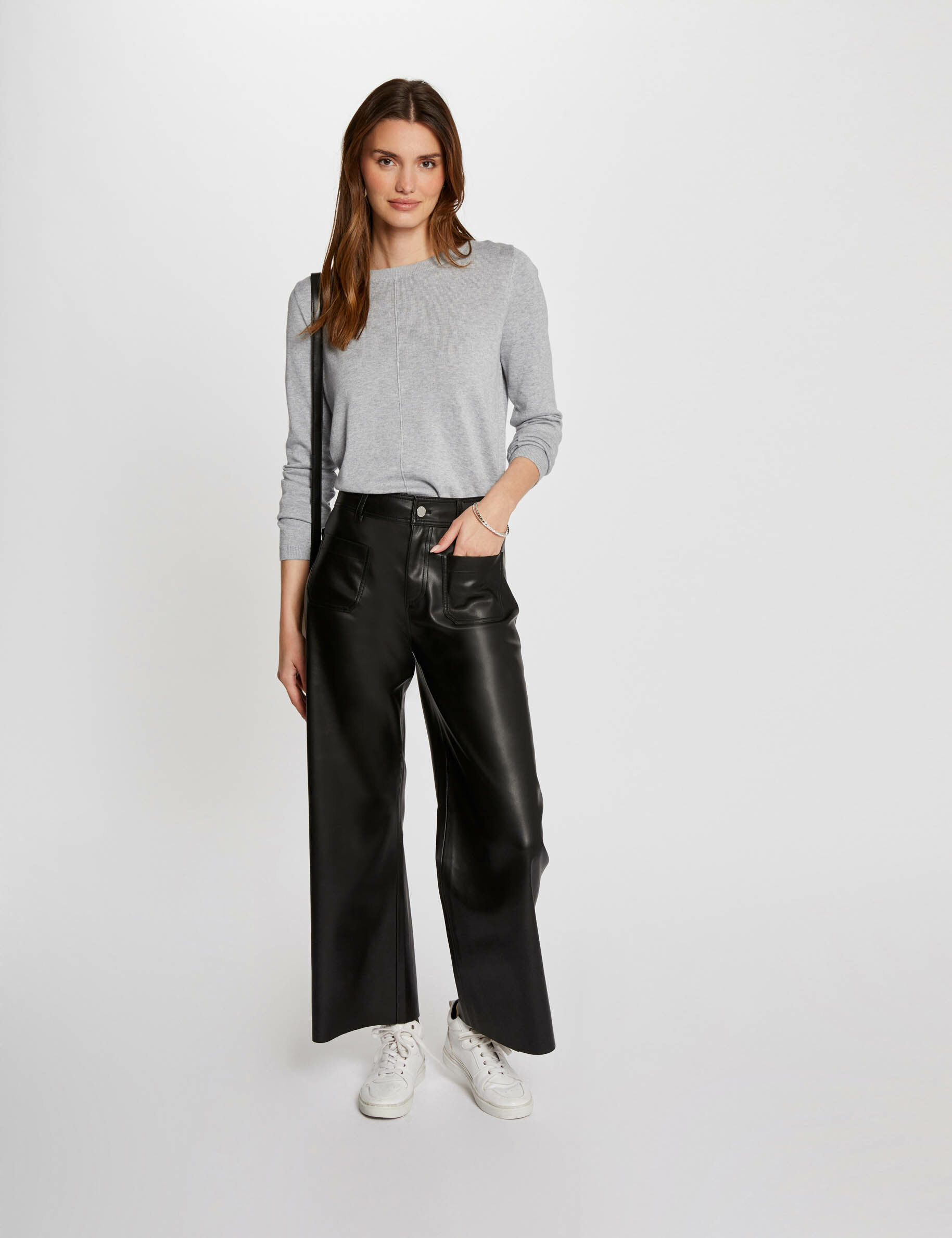 Pantalon large simili cuir noir femme