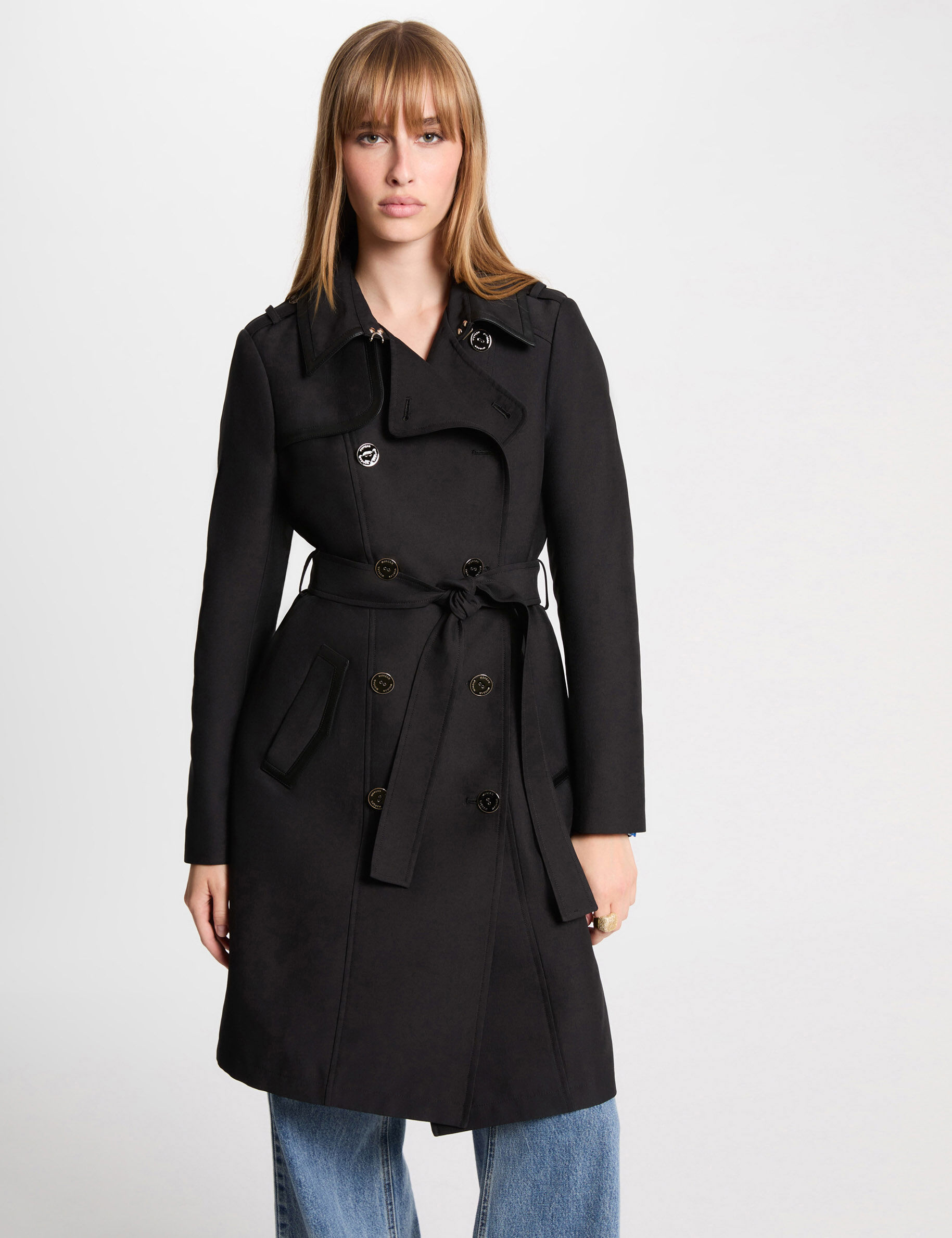 Trench long ceinturé noir femme