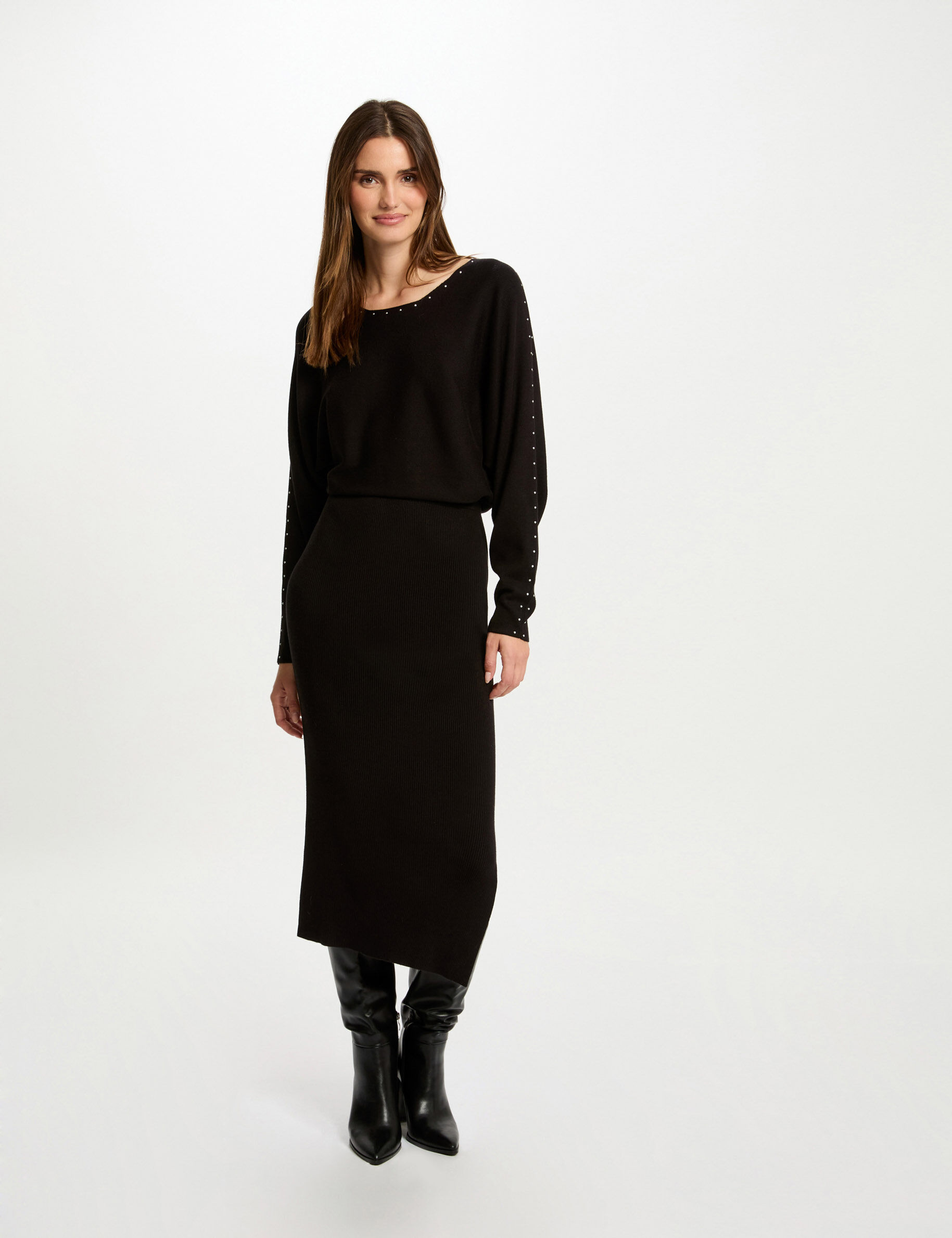 Robe tricot longue ajustée noir femme