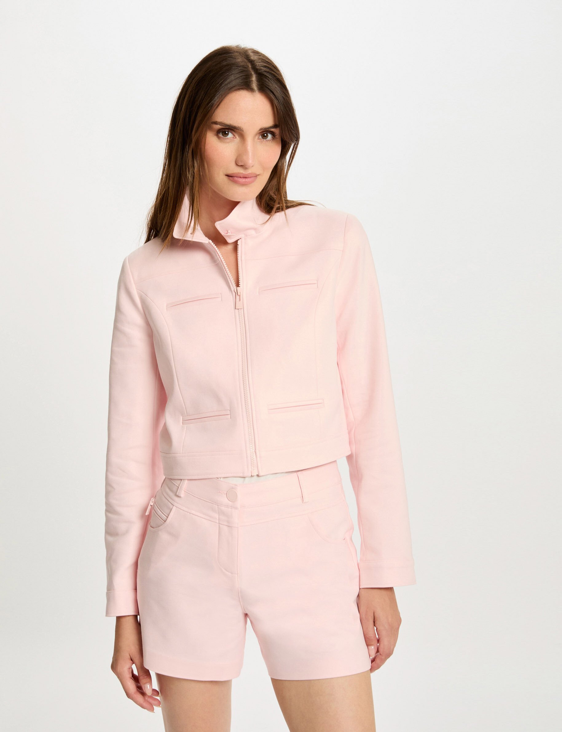 Veste cintrée zippée rose pale femme