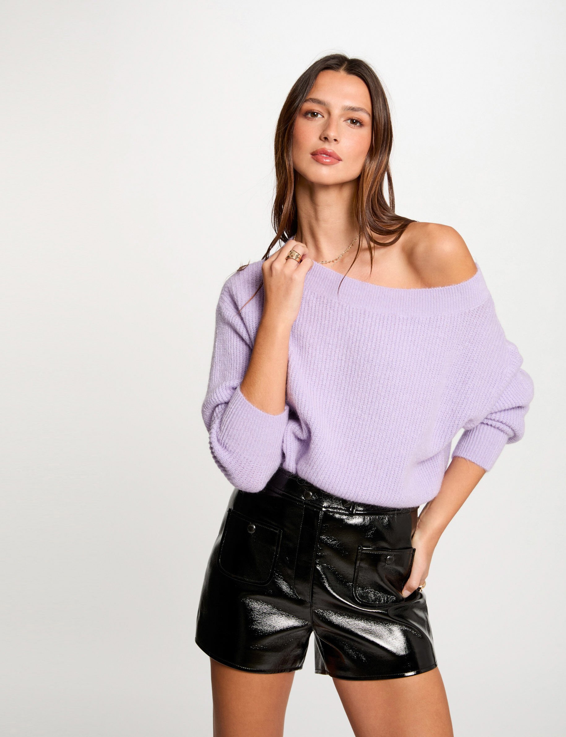 Pull col rond parme femme