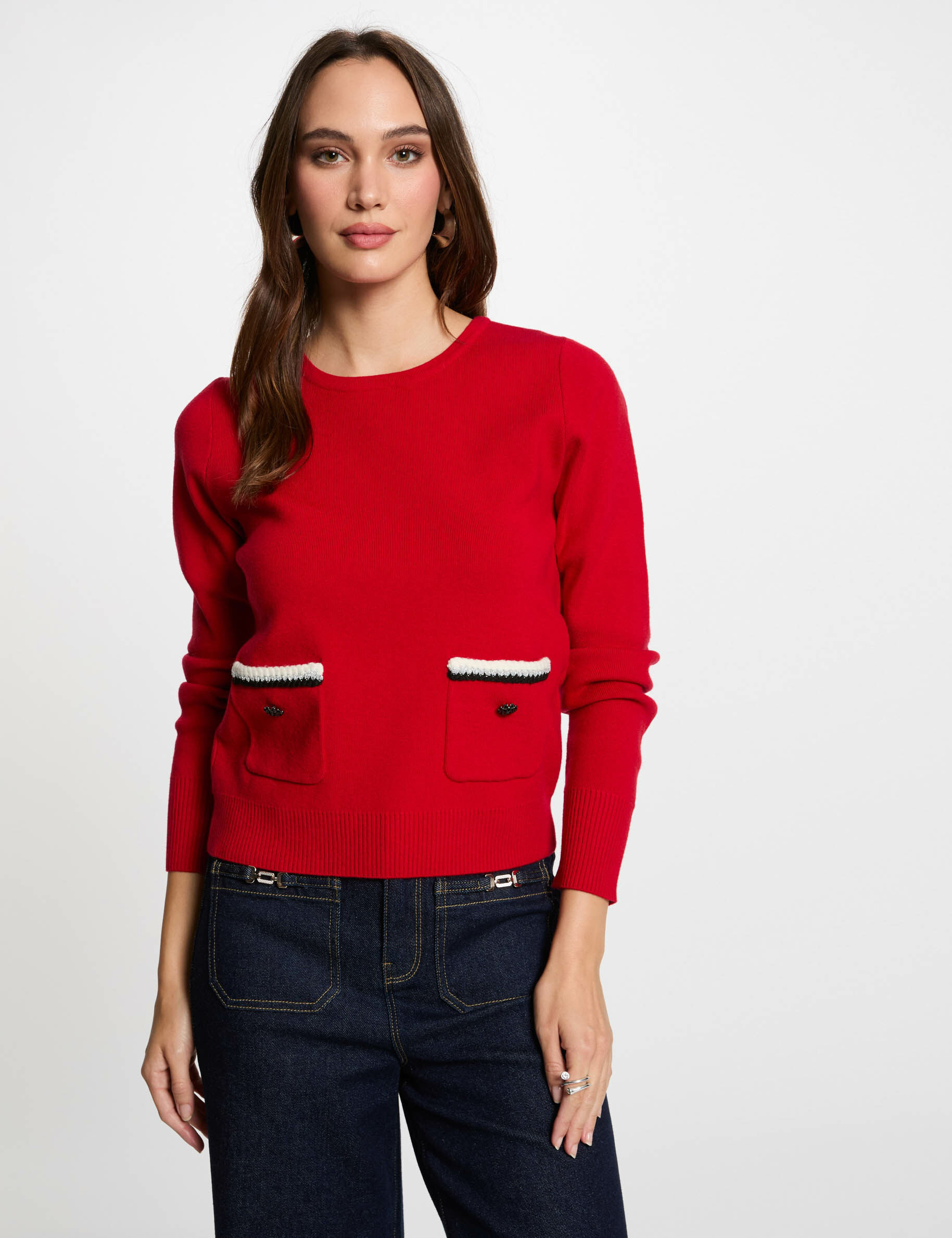 Pull col rond manches longues rouge femme