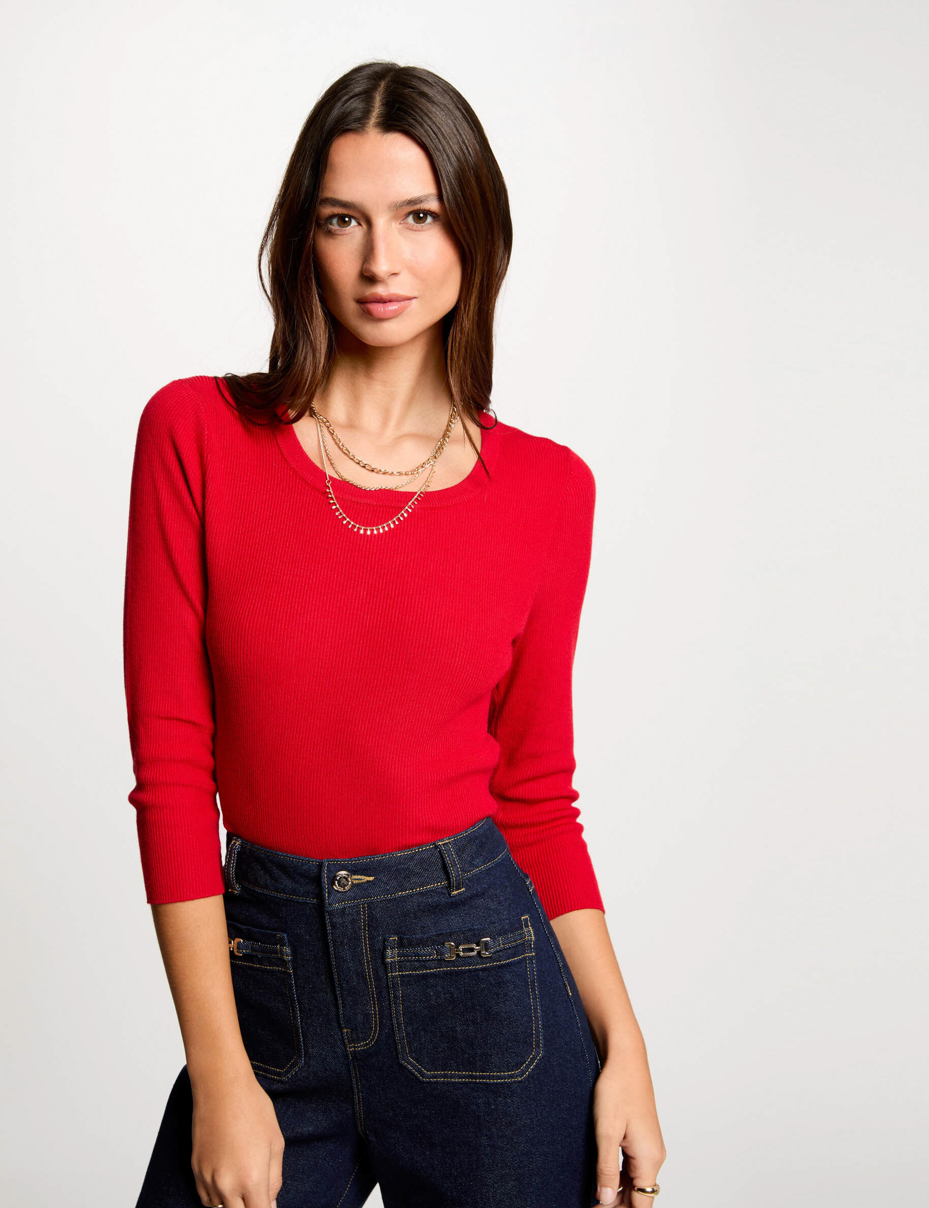 Pull col rond manches 3/4 rouge femme