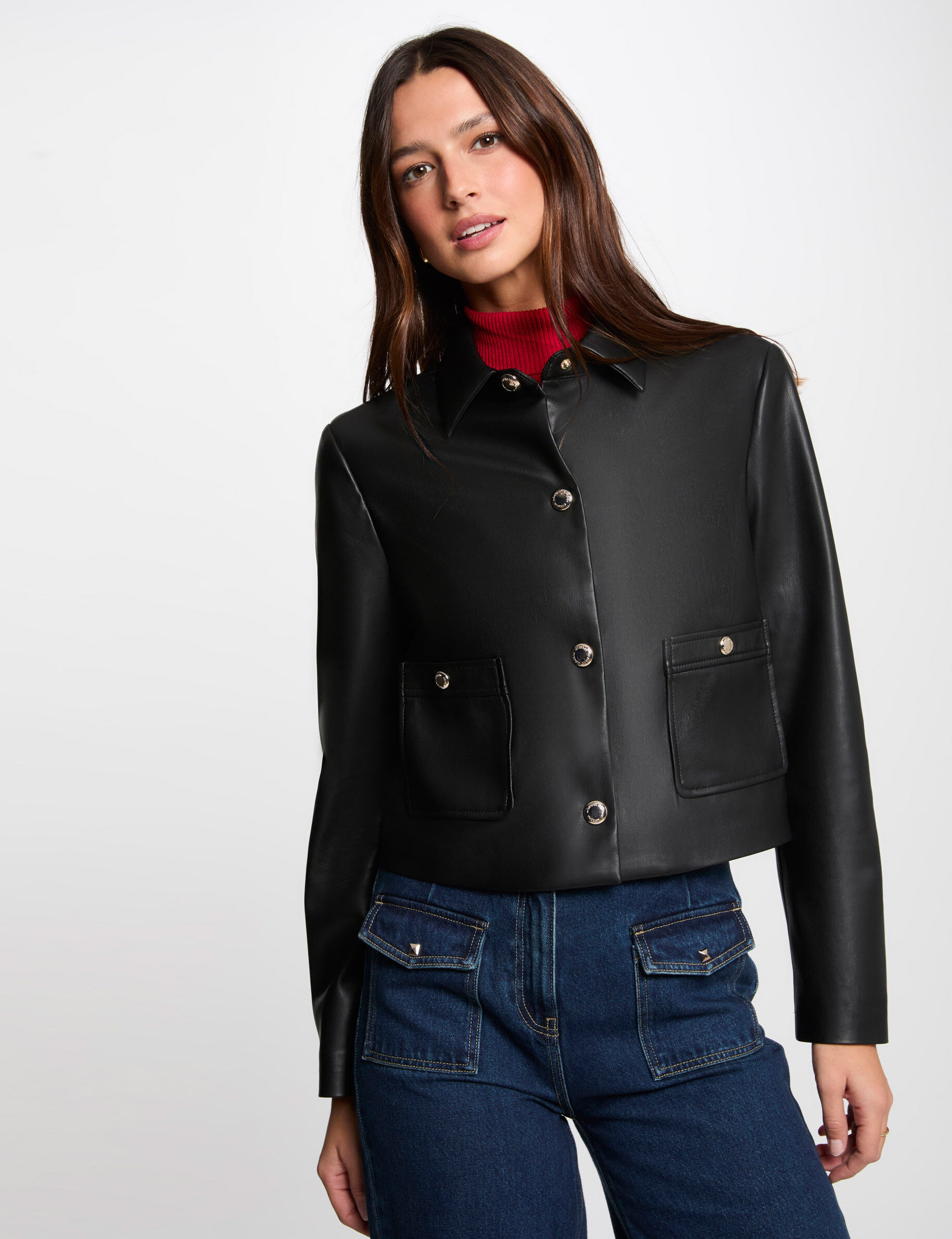 Blouson court simili cuir noir femme