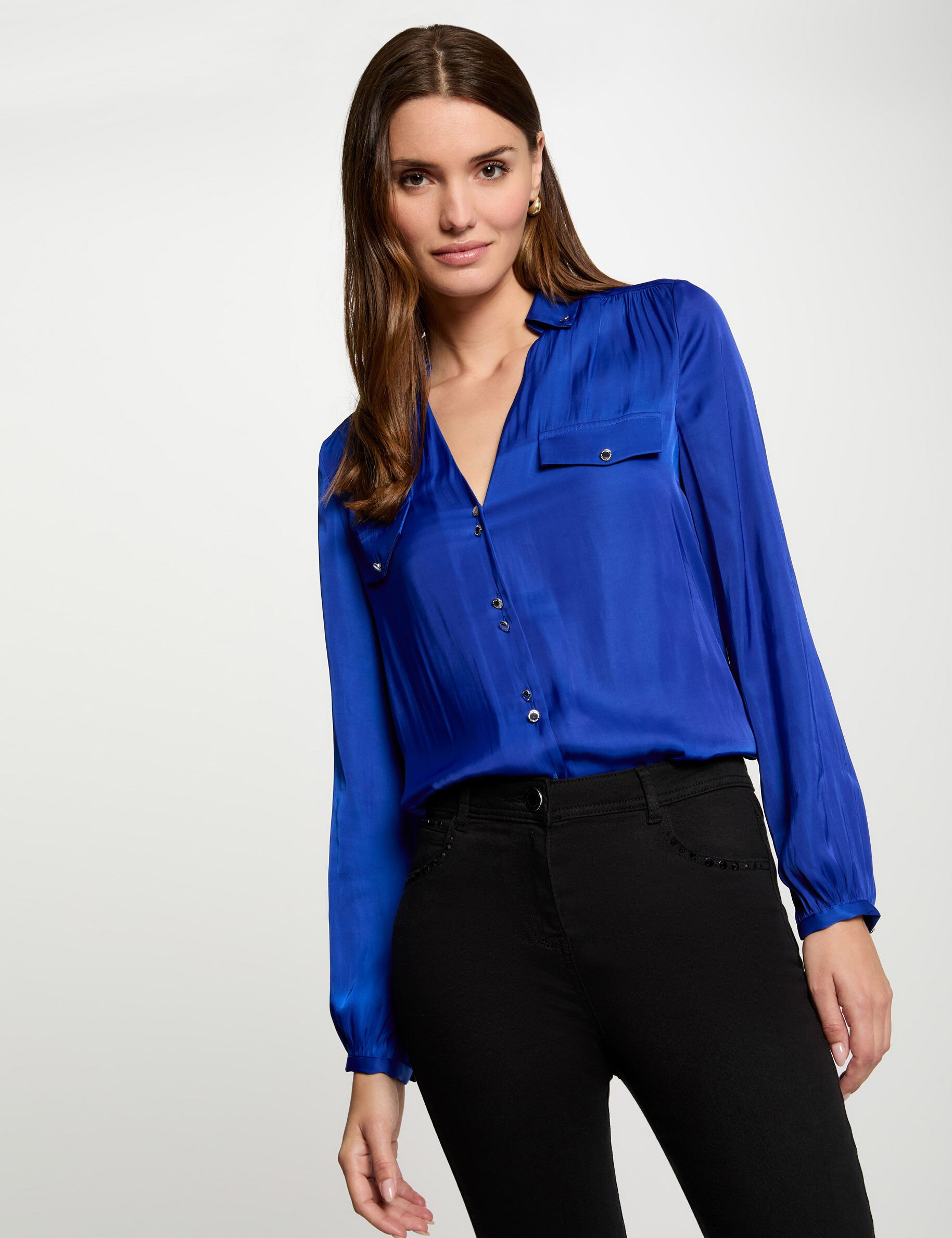 Chemise manches longues satin bleu femme