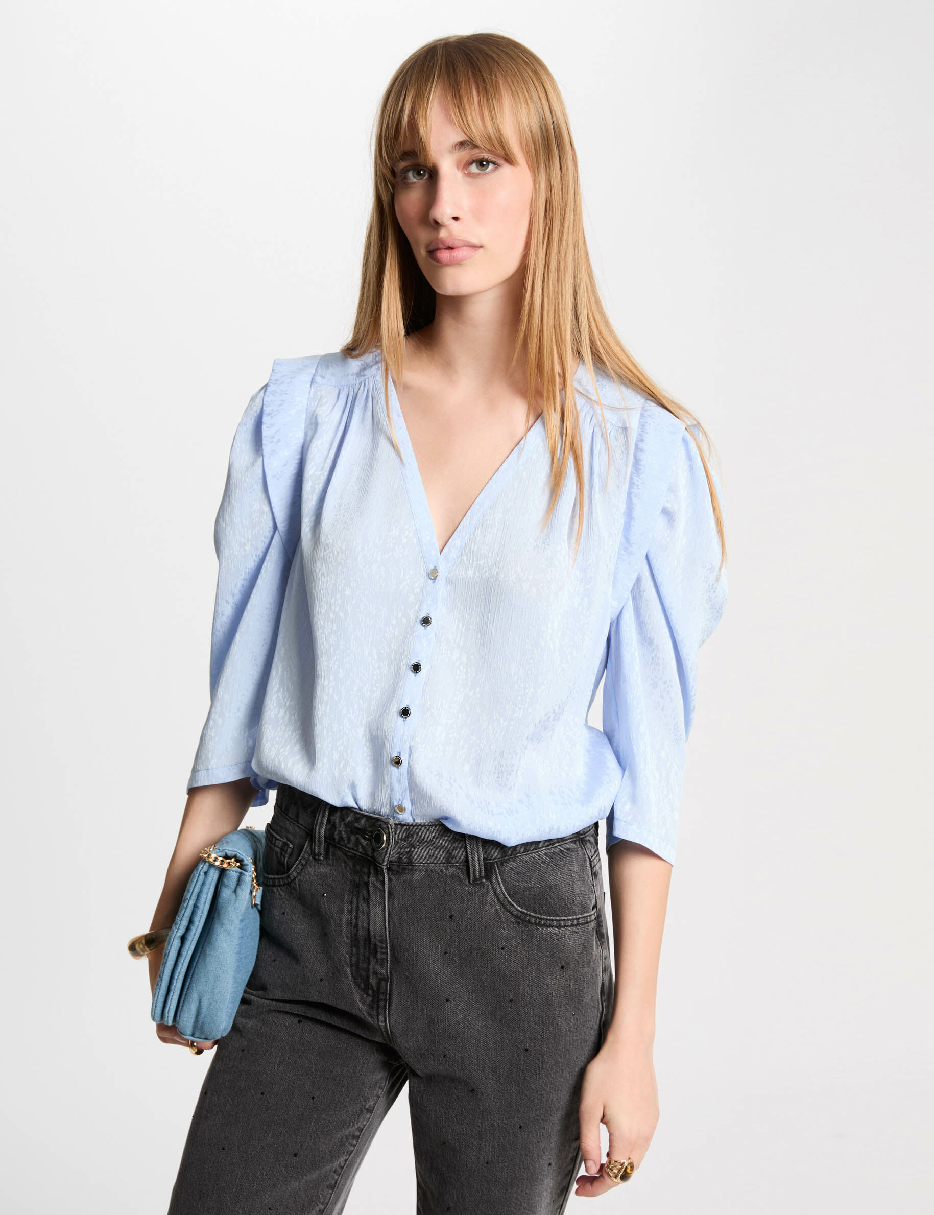 Chemise manches 3/4 bleu ciel femme