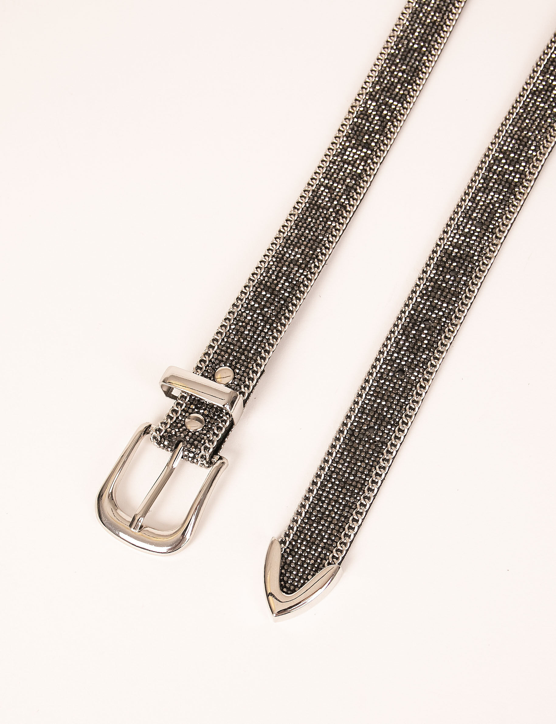 Ceinture avec strass et détails chaînes gris clair femme