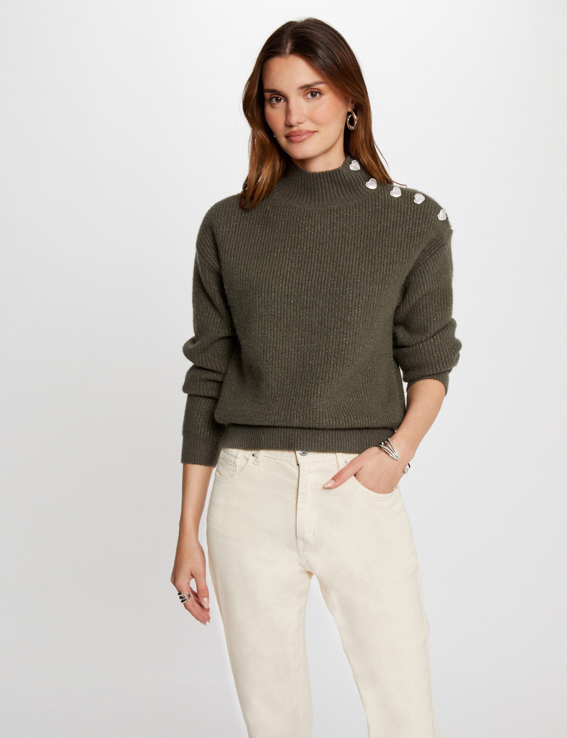 Pull manches longues avec boutons vert kaki femme