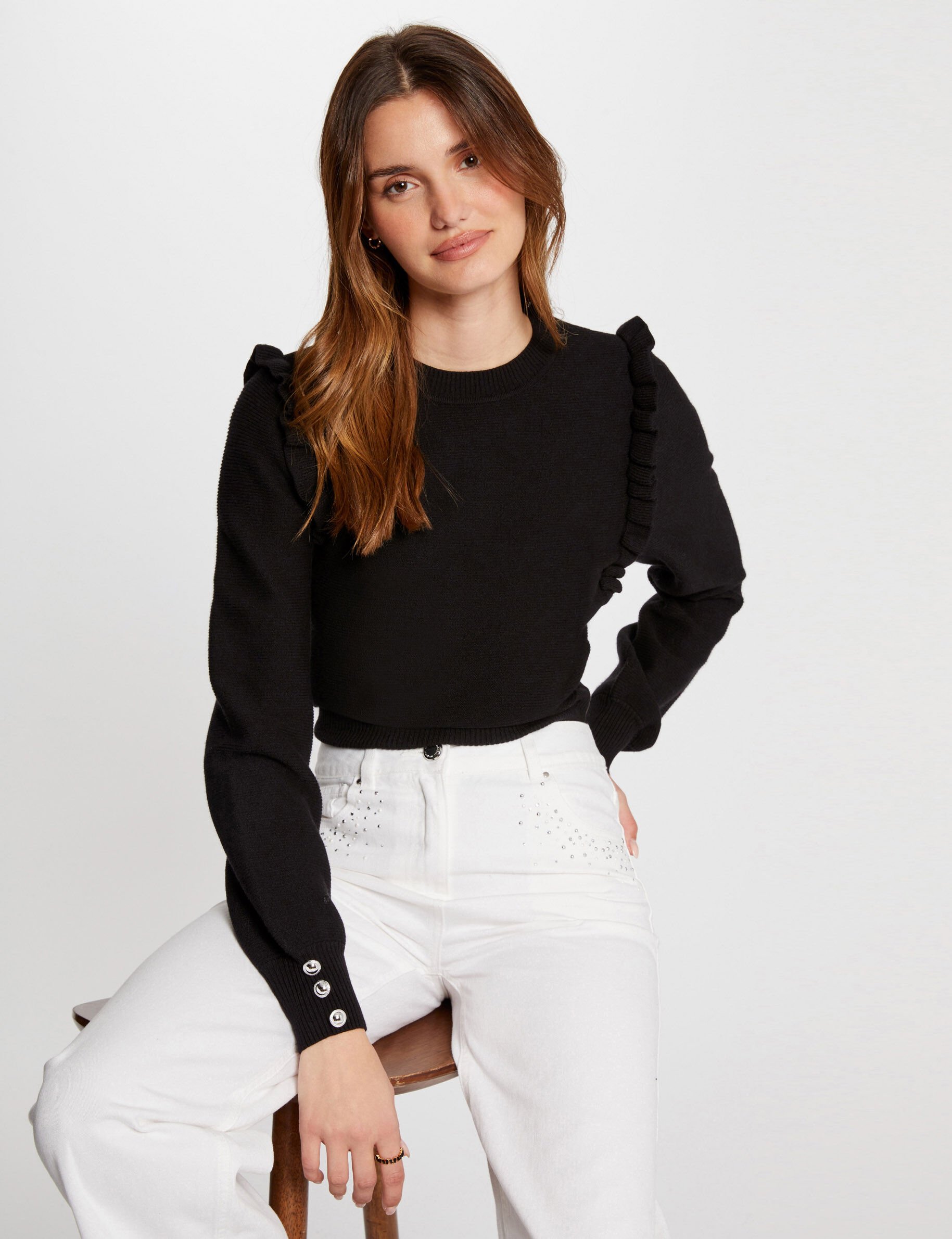 Pull manches longues volants noir femme