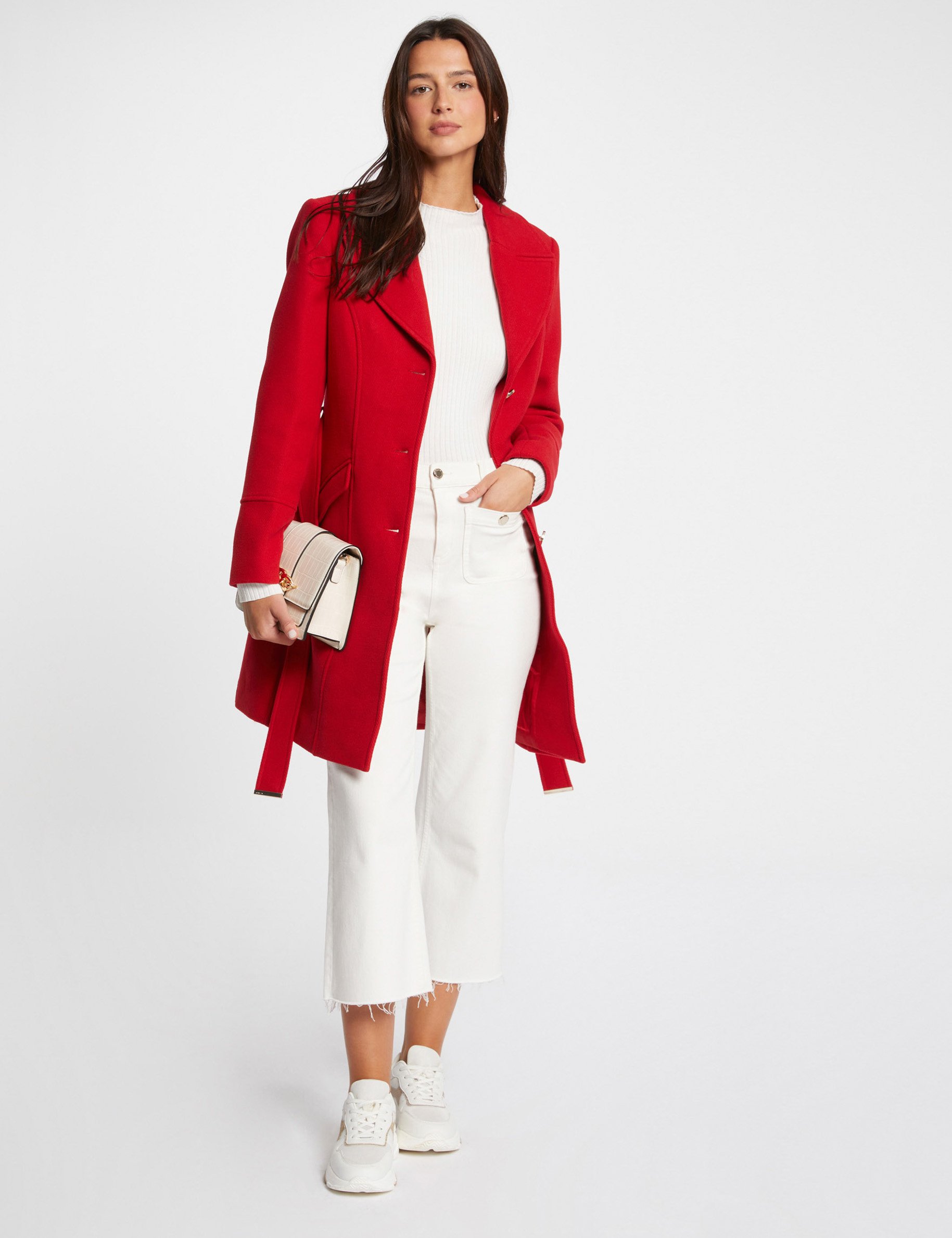 Manteau long ceinture rouge femme Morgan