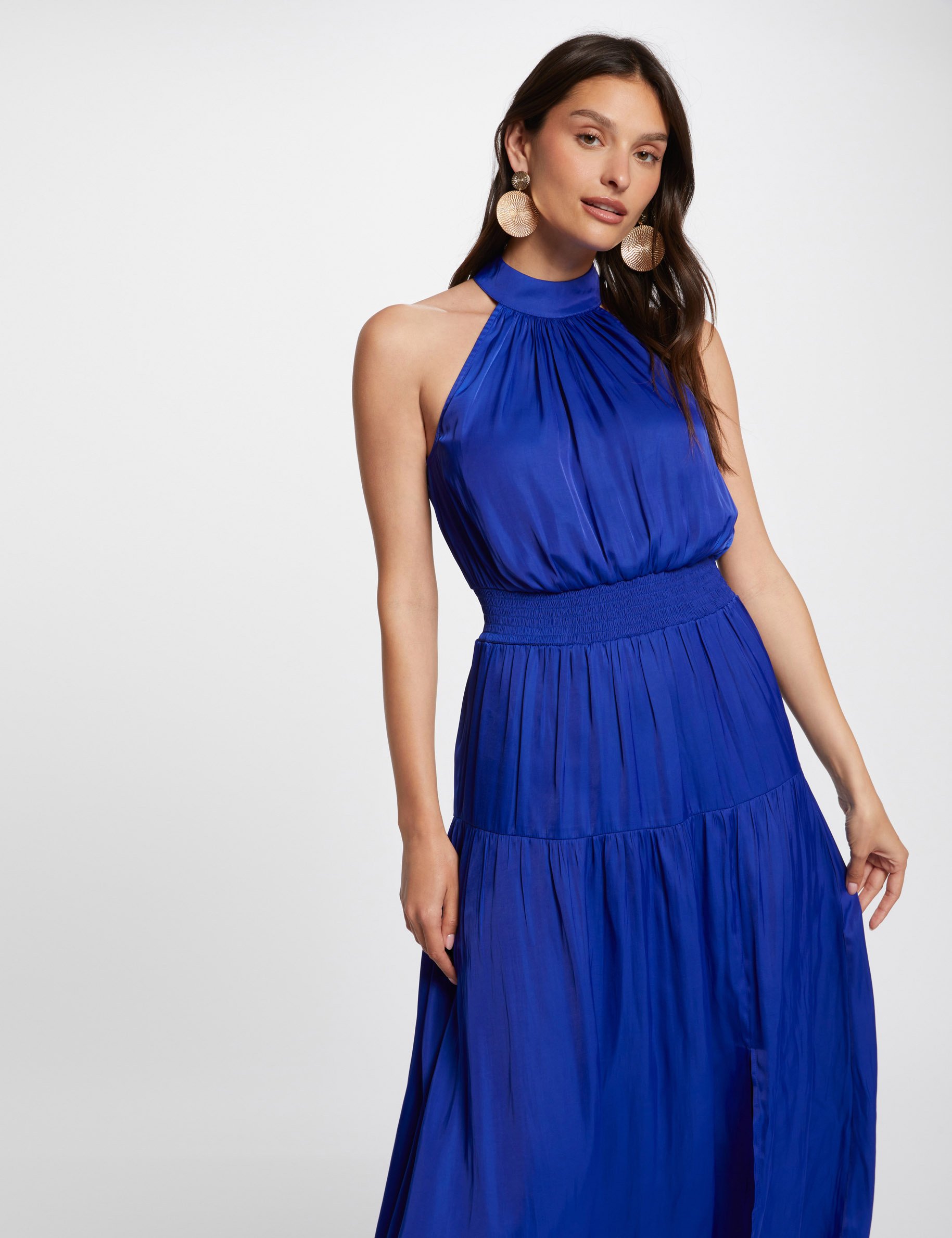 Robe longue cintree satin bleu electrique femme Morgan