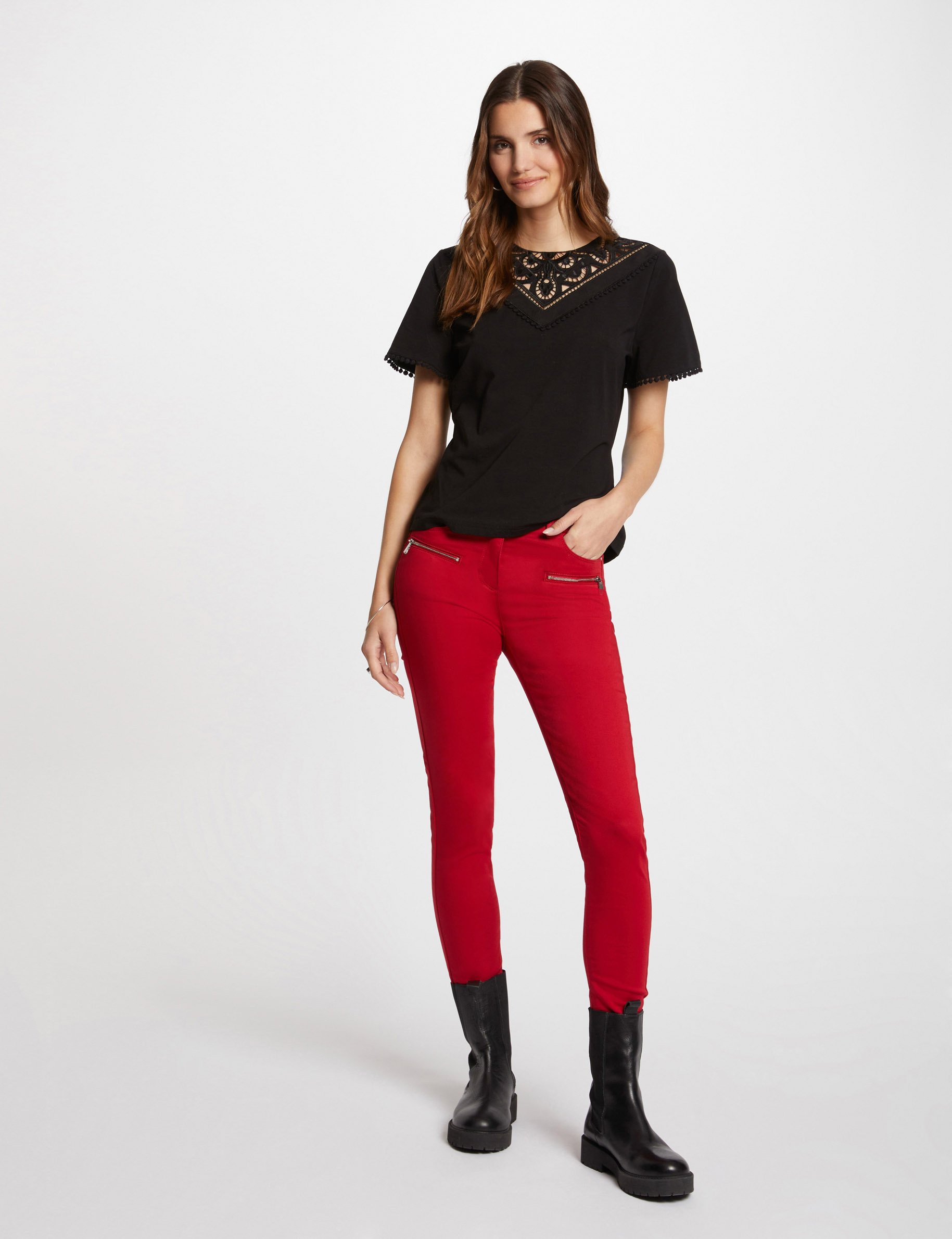 Jeans slim details zippes rouge moyen femme Morgan