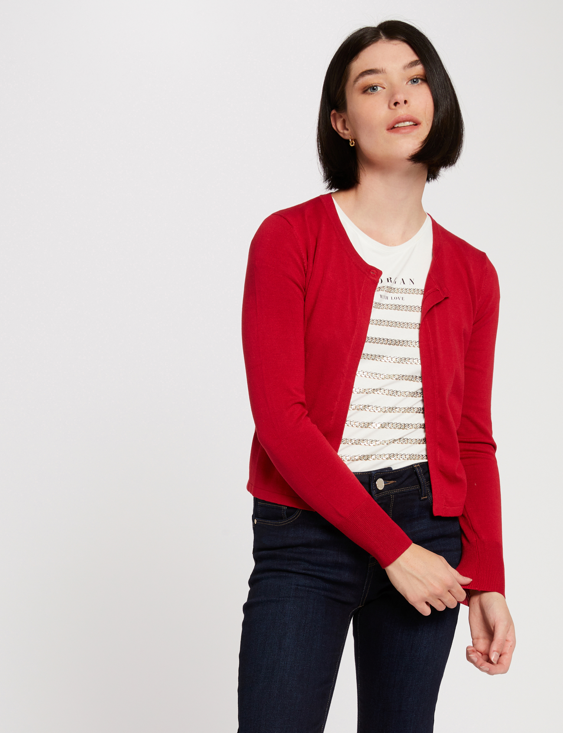 Gilet droit court avec col rond rouge vin femme Morgan