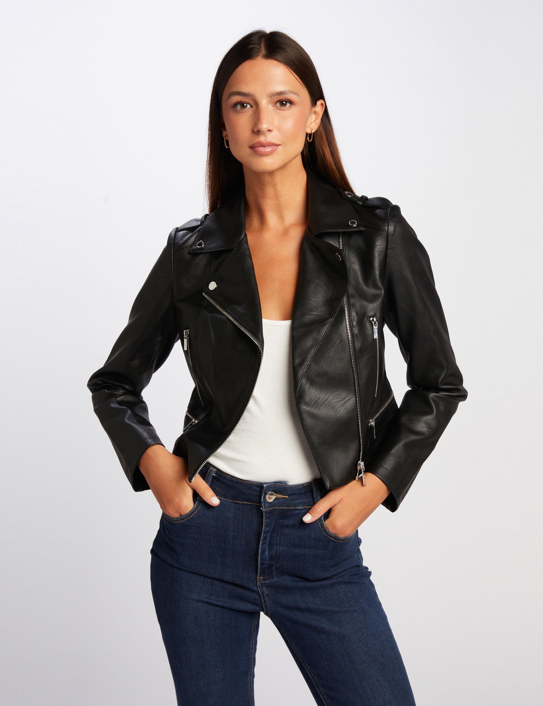 Blouson droit avec col crante a revers noir femme Morgan