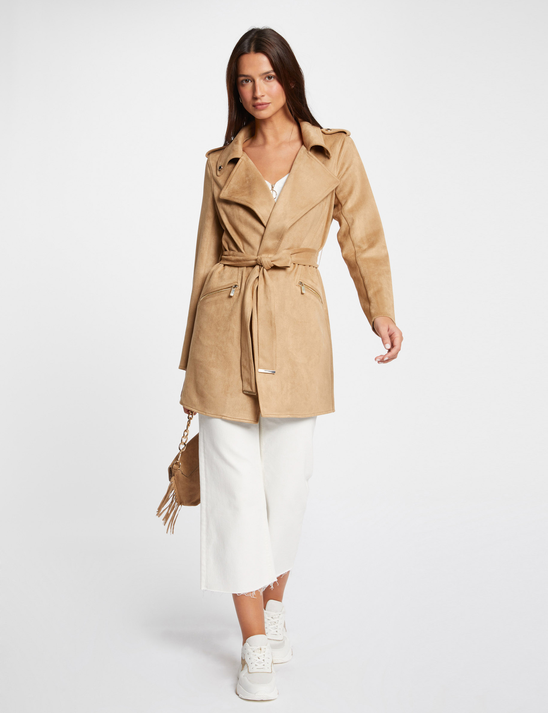 Manteau long ceinture suedine beige femme Morgan